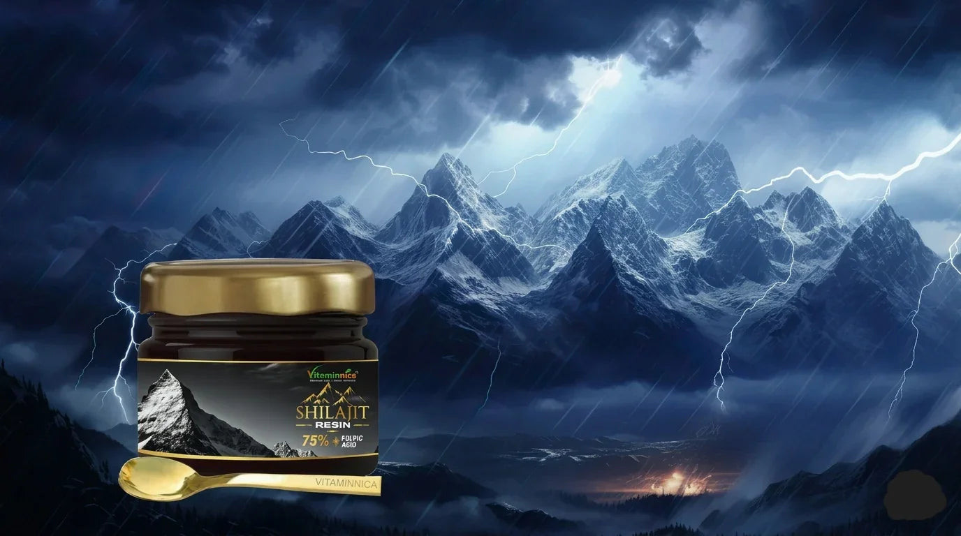 Pure Himalayan Shilajit resin jar with authentic Himalayan mountain background